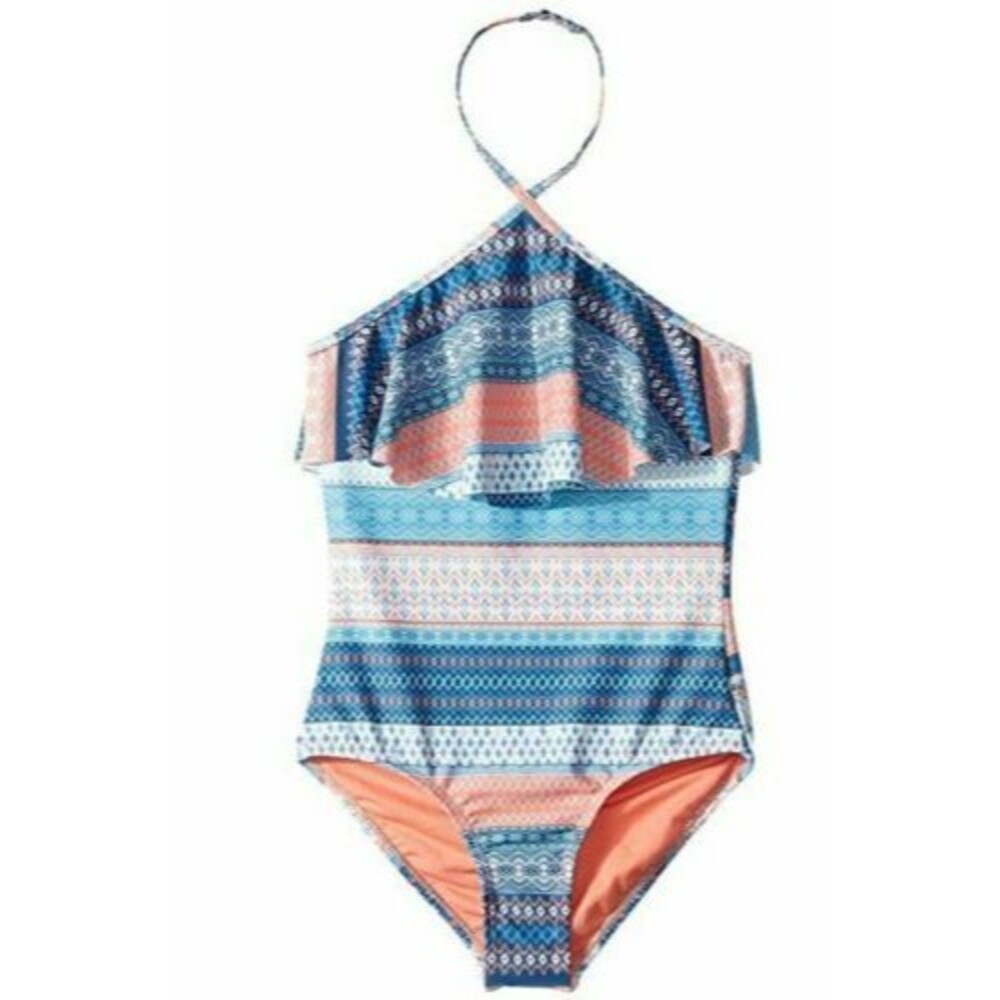 Lucky Brand Bright True Halter Ruffled One PC Swimsuit Girls M 8/10  Navy